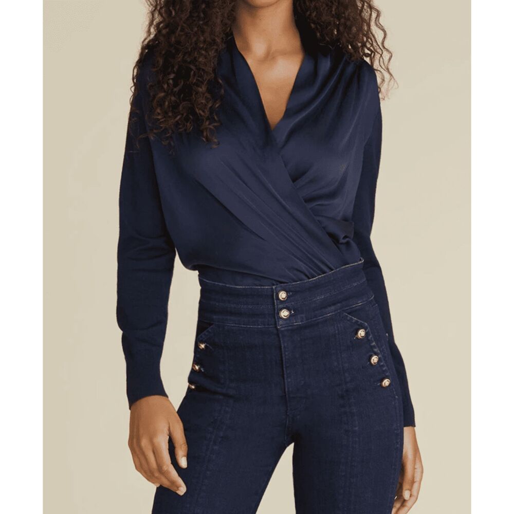 VERONICA BEARD Sweater Womens Small Navy Surplice Wool Body Silk Front INGRID